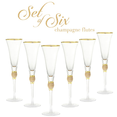 Berkware Set of 6 Trumpet Champagne Glasses - Luxurious Crystal Trumpet Champagne Flutes - Elegant Gold tone Rim & Rhinestone Embellishments - 9oz, 11" tall flutes - Champagne glasses for toasting